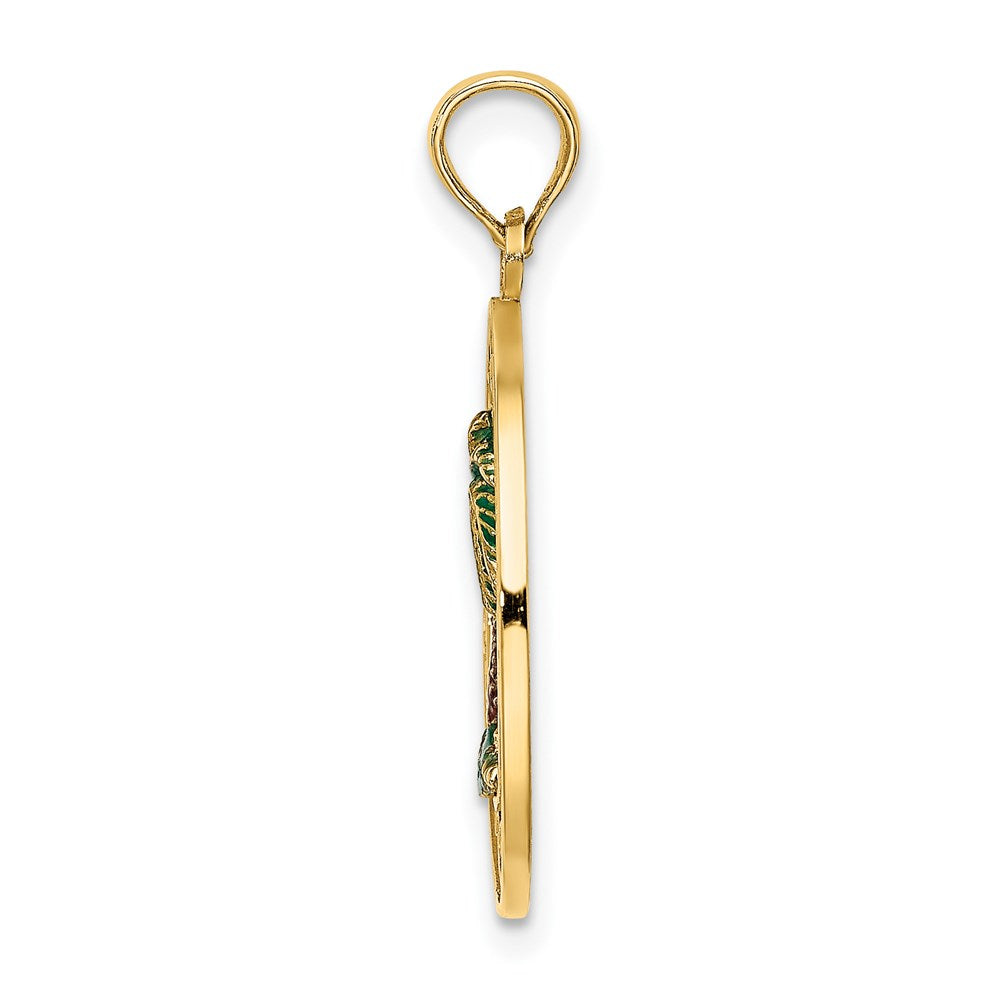 Million Charms 14K Yellow Gold Themed Turks & Caicos On Round Frame With Enameled Palm Tree Charm