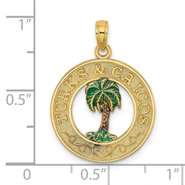 Million Charms 14K Yellow Gold Themed Turks & Caicos On Round Frame With Enameled Palm Tree Charm