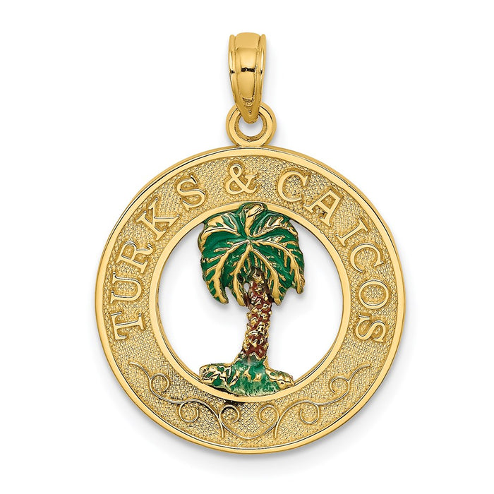 Million Charms 14K Yellow Gold Themed Turks & Caicos On Round Frame With Enameled Palm Tree Charm