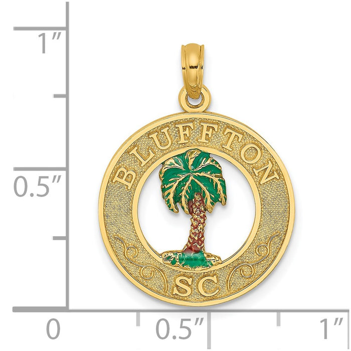 Million Charms 14K Yellow Gold Themed Bluffton, Sc On Round Frame With Enameled Palm Tree Charm