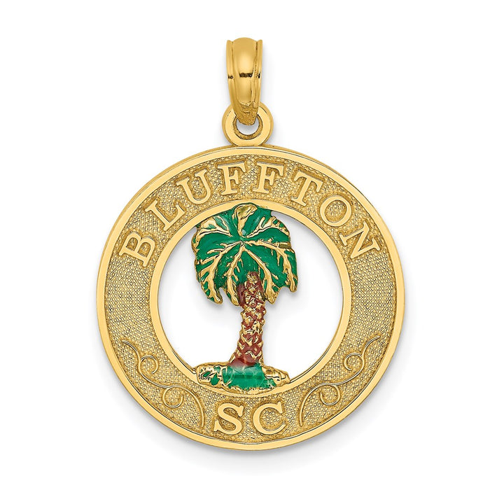 Million Charms 14K Yellow Gold Themed Bluffton, Sc On Round Frame With Enameled Palm Tree Charm