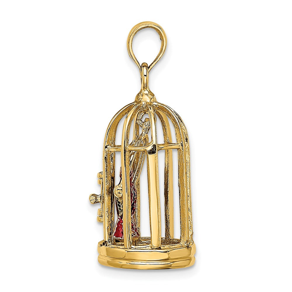 Million Charms 14K Yellow Gold Themed With Enamel 3-D Bird Cage With 2 Birds & Doors Open Charm