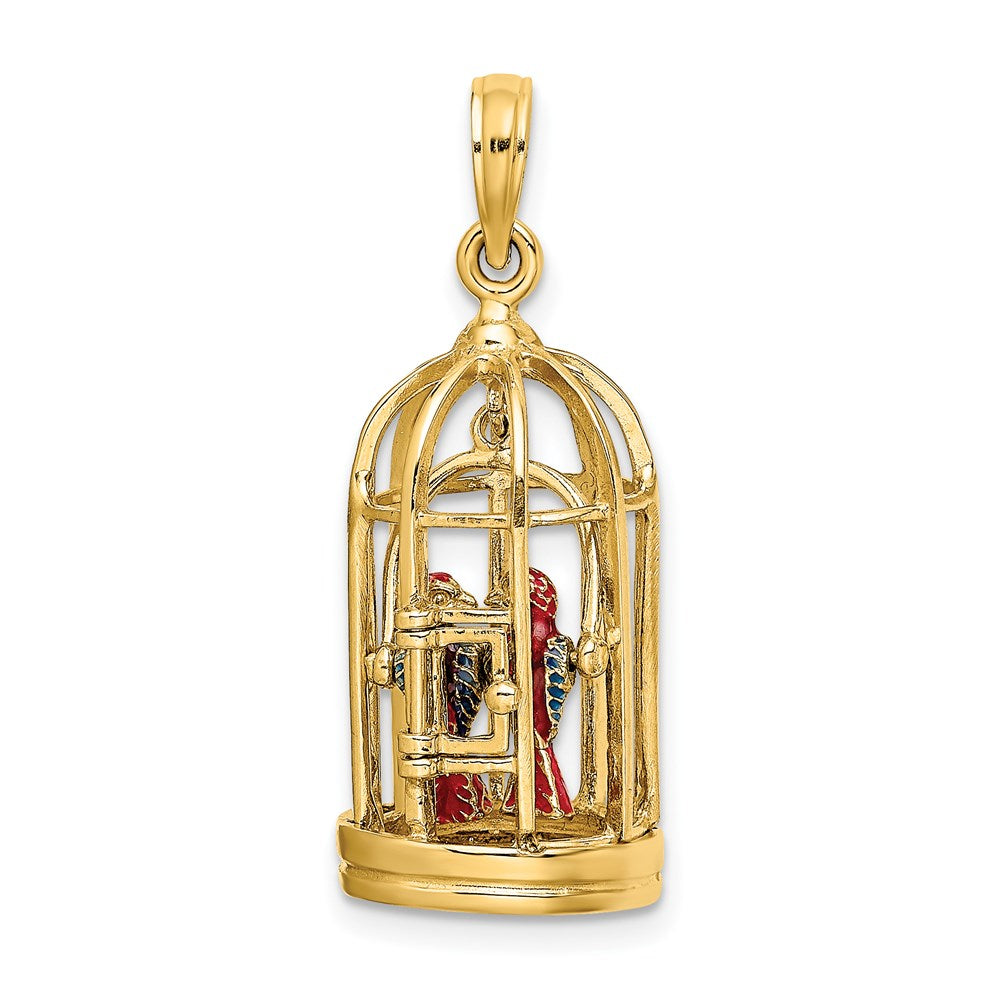 Million Charms 14K Yellow Gold Themed With Enamel 3-D Bird Cage With 2 Birds & Doors Open Charm