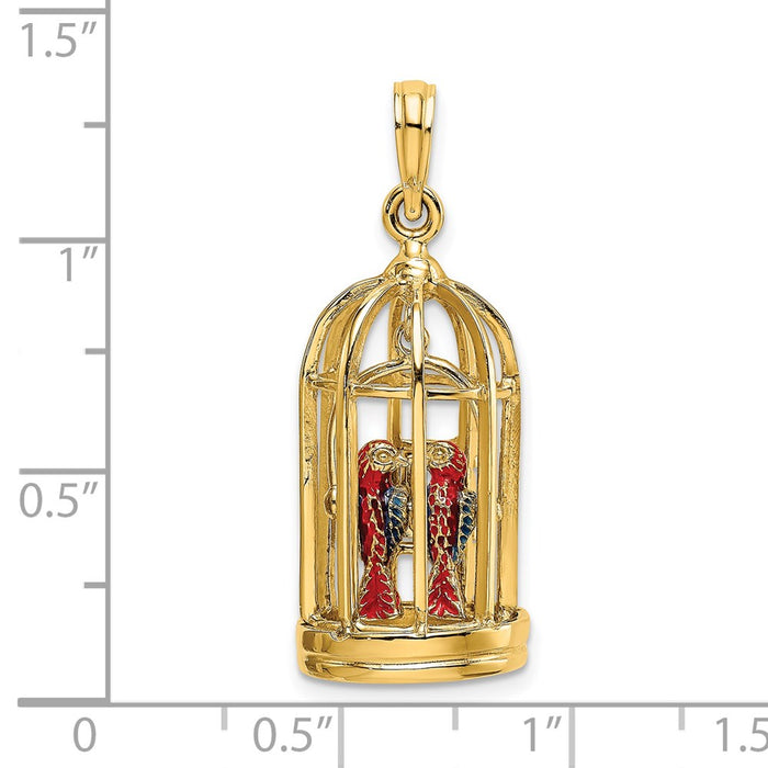 Million Charms 14K Yellow Gold Themed With Enamel 3-D Bird Cage With 2 Birds & Doors Open Charm
