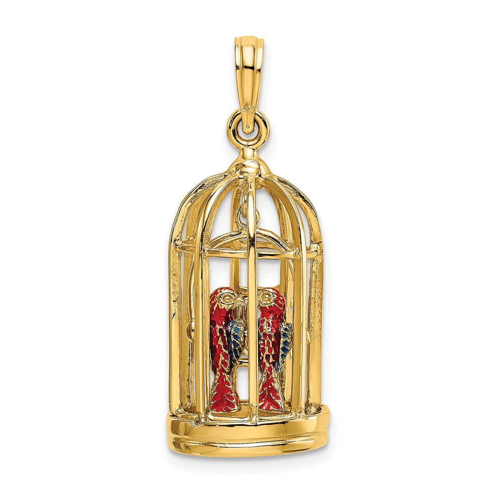 Million Charms 14K Yellow Gold Themed With Enamel 3-D Bird Cage With 2 Birds & Doors Open Charm