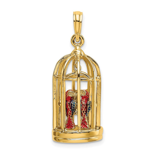 Million Charms 14K Yellow Gold Themed With Enamel 3-D Bird Cage With 2 Birds & Doors Open Charm