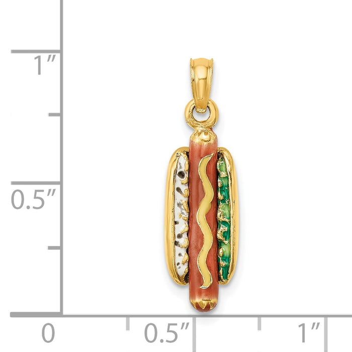 Million Charms 14K Yellow Gold Themed 3-D Enemel Hot Dog With Bun Charm