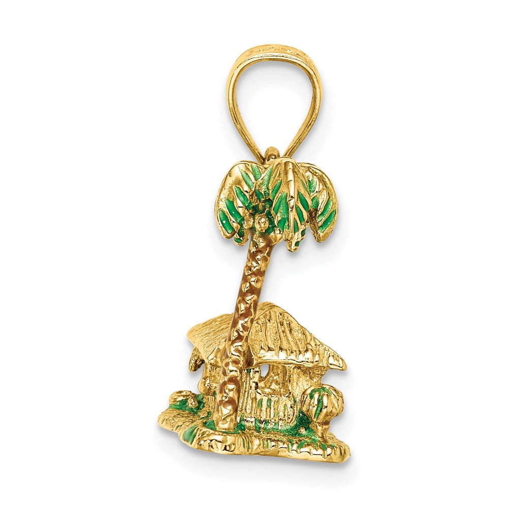 Million Charms 14K Yellow Gold Themed 3-D With Enamel Palm Tree & Hut Charm