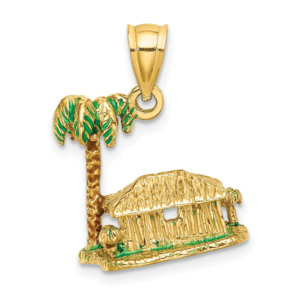 Million Charms 14K Yellow Gold Themed 3-D With Enamel Palm Tree & Hut Charm