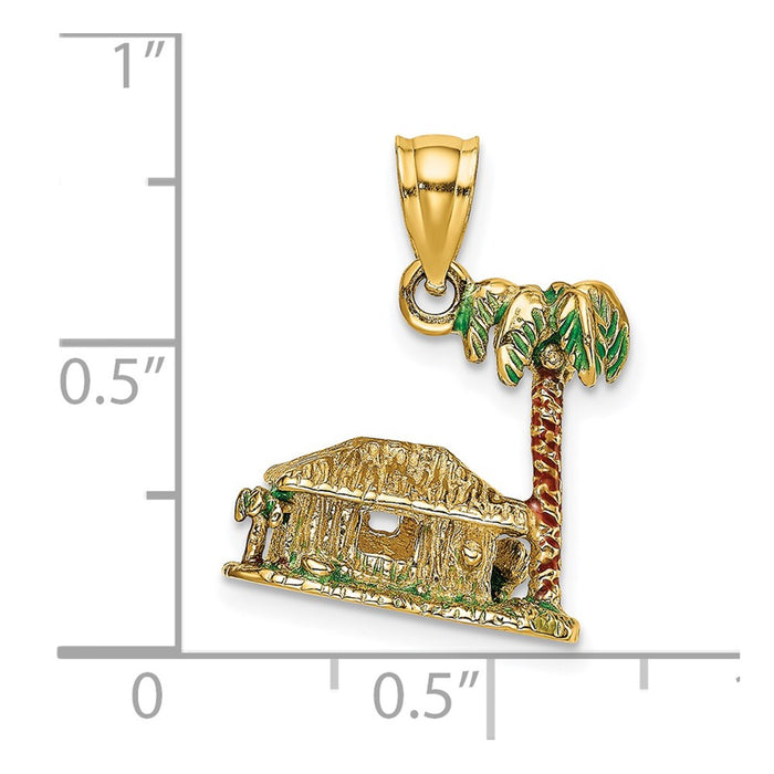 Million Charms 14K Yellow Gold Themed 3-D With Enamel Palm Tree & Hut Charm