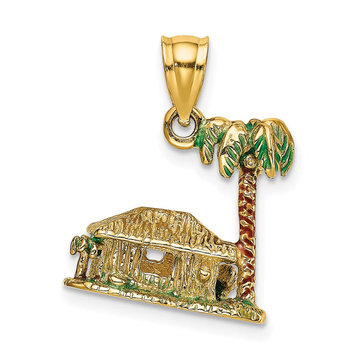 Million Charms 14K Yellow Gold Themed 3-D With Enamel Palm Tree & Hut Charm