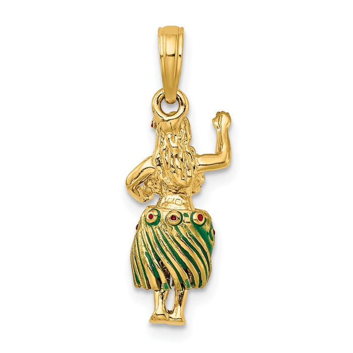 Million Charms 14K Yellow Gold Themed 3-D Hula Girl With Moveable Grass Skirt Charm