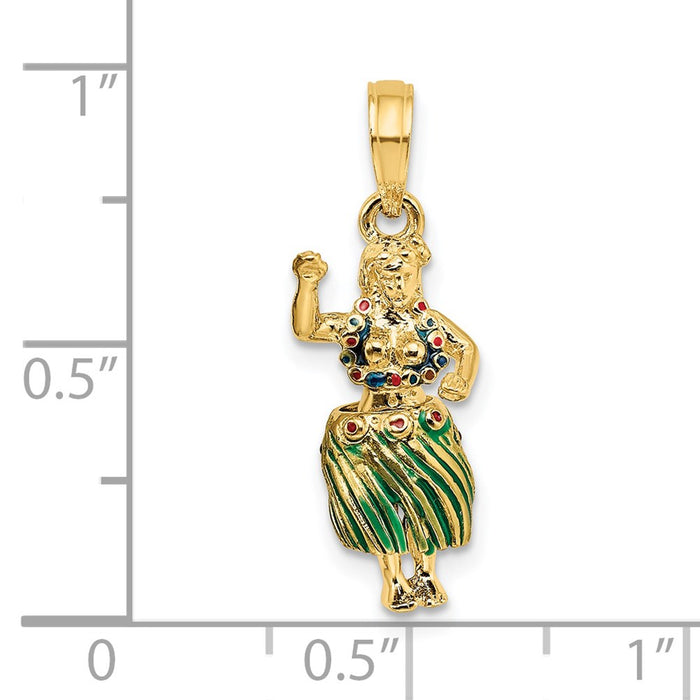 Million Charms 14K Yellow Gold Themed 3-D Hula Girl With Moveable Grass Skirt Charm