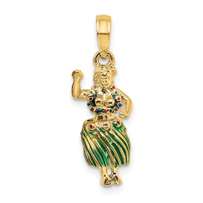 Million Charms 14K Yellow Gold Themed 3-D Hula Girl With Moveable Grass Skirt Charm