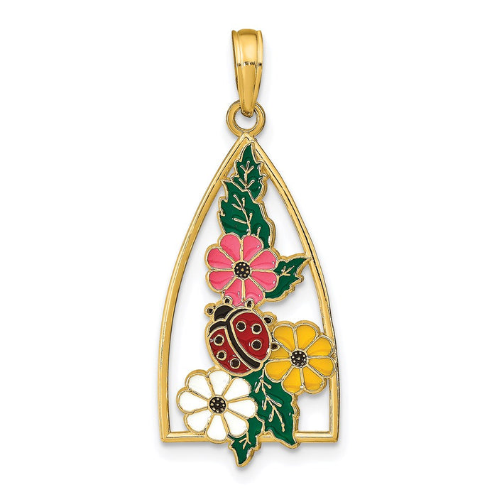 Million Charms 14K Yellow Gold Themed Enameled Ladybug & Flowers Pendant