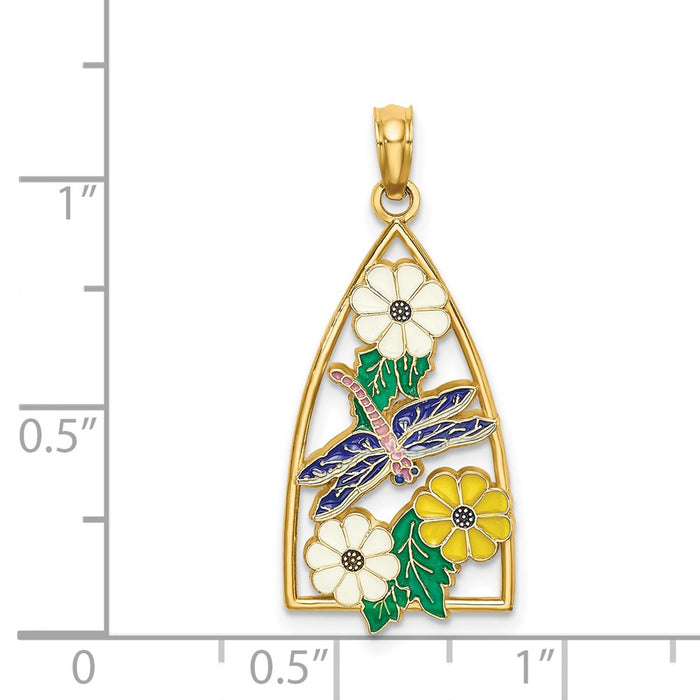 Million Charms 14K Yellow Gold Themed Enamel Dragonfly & Flowers In Triangle Charm