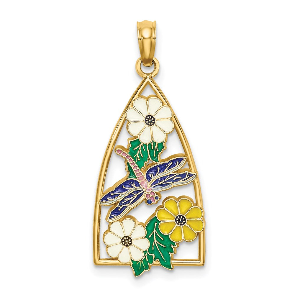 Million Charms 14K Yellow Gold Themed Enamel Dragonfly & Flowers In Triangle Charm