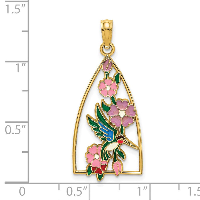 Million Charms 14K Yellow Gold Themed With Enamel Hummingbird & Flowers Charm
