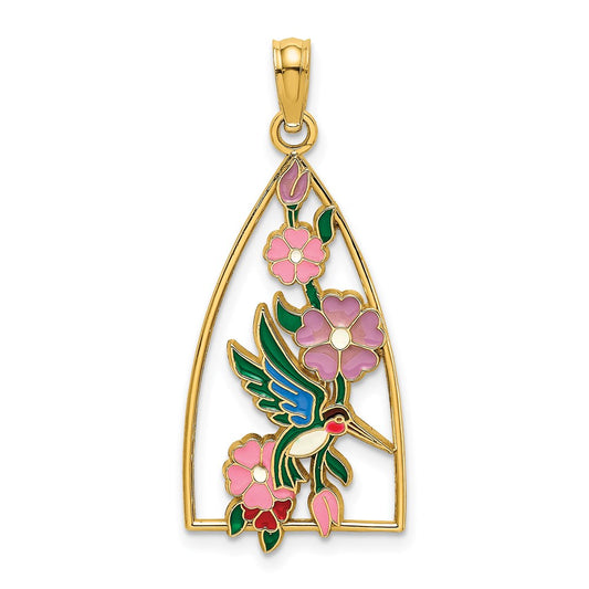 Million Charms 14K Yellow Gold Themed With Enamel Hummingbird & Flowers Charm