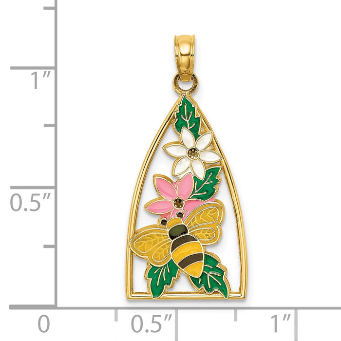 Million Charms 14K Yellow Gold Themed Bumble Bee & Flowers In Triangle With Enamel