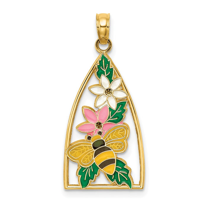 Million Charms 14K Yellow Gold Themed Bumble Bee & Flowers In Triangle With Enamel