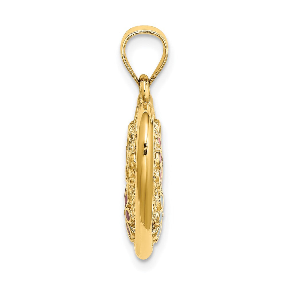 Million Charms 14K Yellow Gold Themed 3-D Heart With Enamel Butterfly & Flowers - Reversible