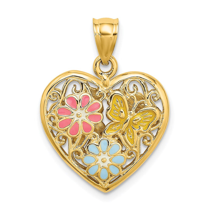 Million Charms 14K Yellow Gold Themed 3-D Heart With Enamel Butterfly & Flowers - Reversible