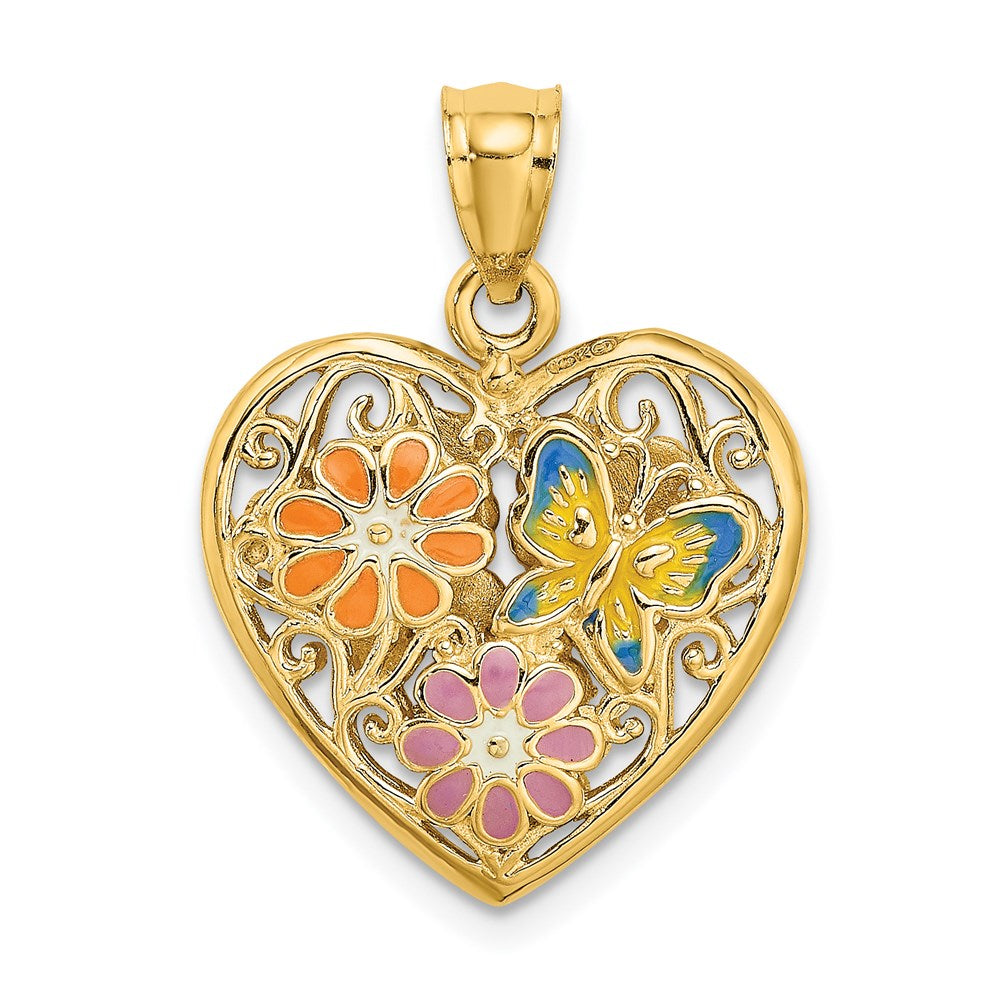 Million Charms 14K Yellow Gold Themed 3-D Heart With Enamel Butterfly & Flowers - Reversible