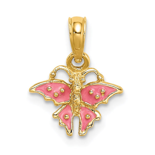 Million Charms 14K Yellow Gold Themed Enamel Mini Pink Butterfly Charm