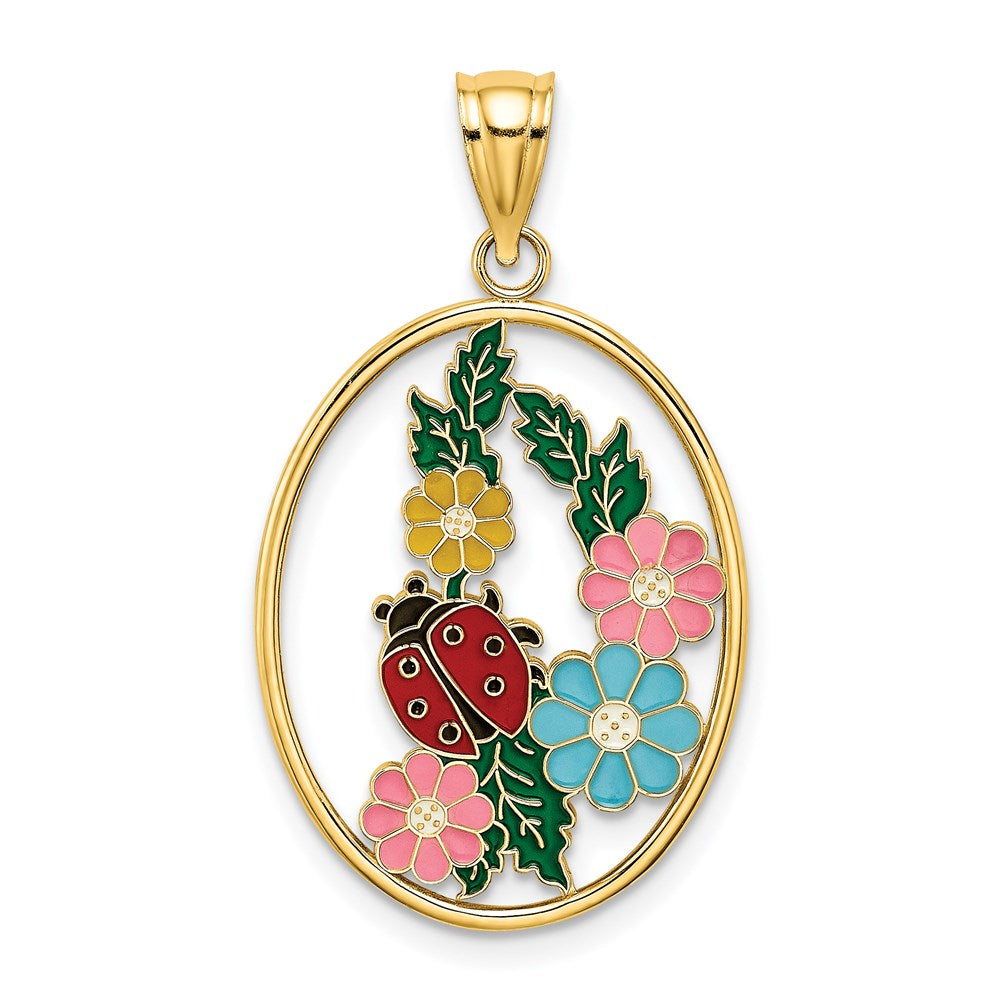 Million Charms 14K Yellow Gold Themed Stained Glass With Enamel Oval Ladybug Charm