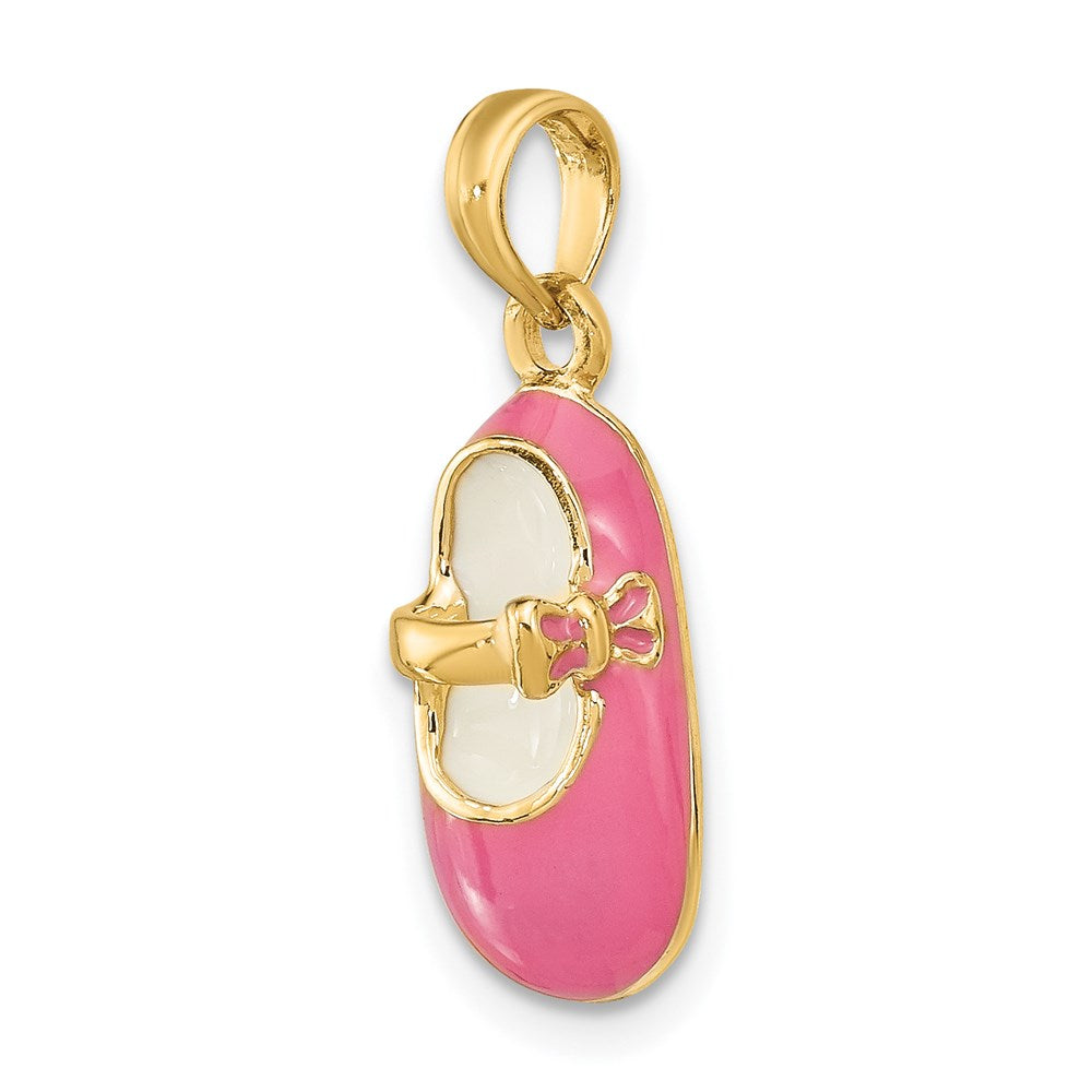 Million Charms 14K Yellow Gold Themed 3-D With Pink Enamel Baby Shoe Charm