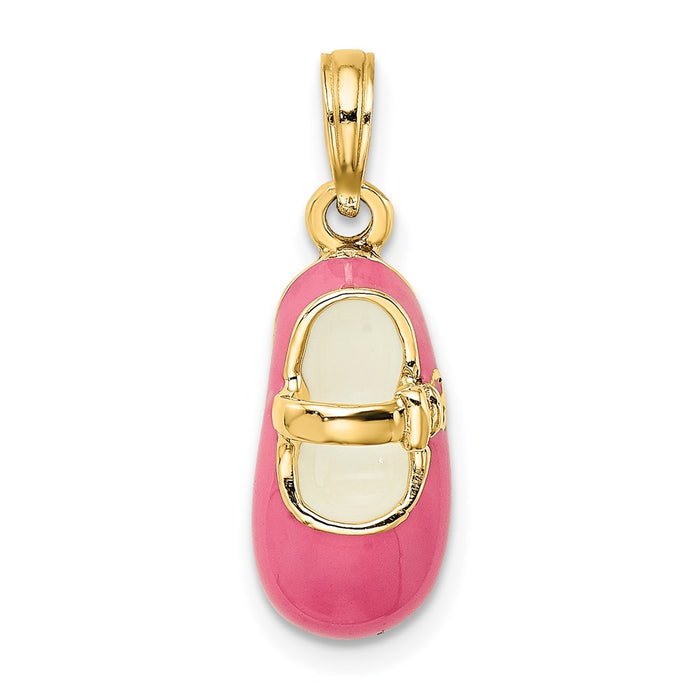 Million Charms 14K Yellow Gold Themed 3-D With Pink Enamel Baby Shoe Charm