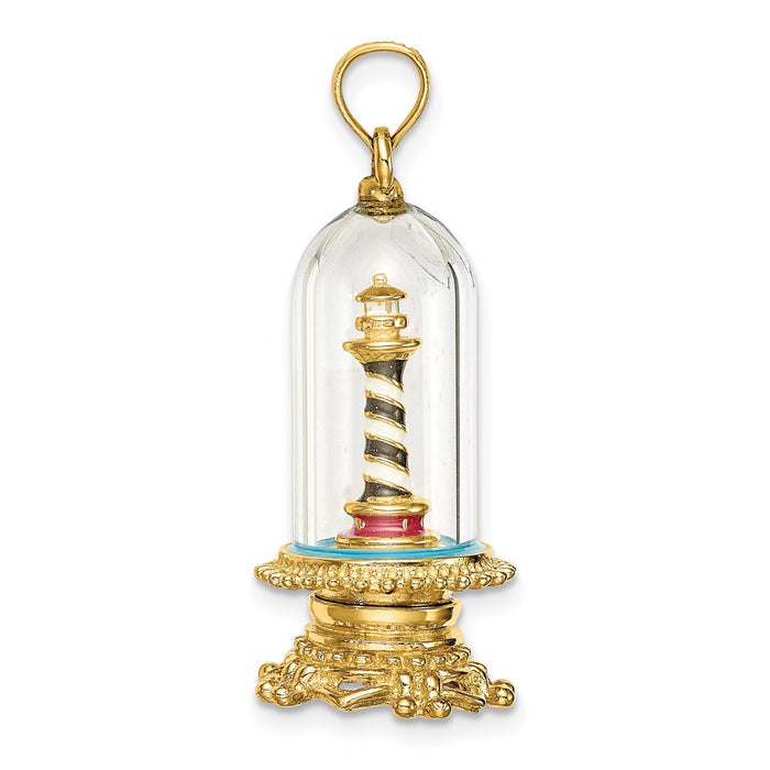 Million Charms 14K Yellow Gold Themed 3-D Enamel Lighthouse In Glass Dome Charm