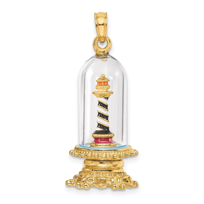 Million Charms 14K Yellow Gold Themed 3-D Enamel Lighthouse In Glass Dome Charm