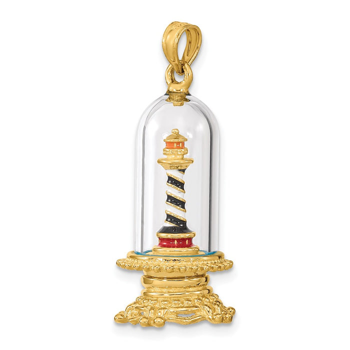 Million Charms 14K Yellow Gold Themed 3-D Enamel Lighthouse In Glass Dome Charm