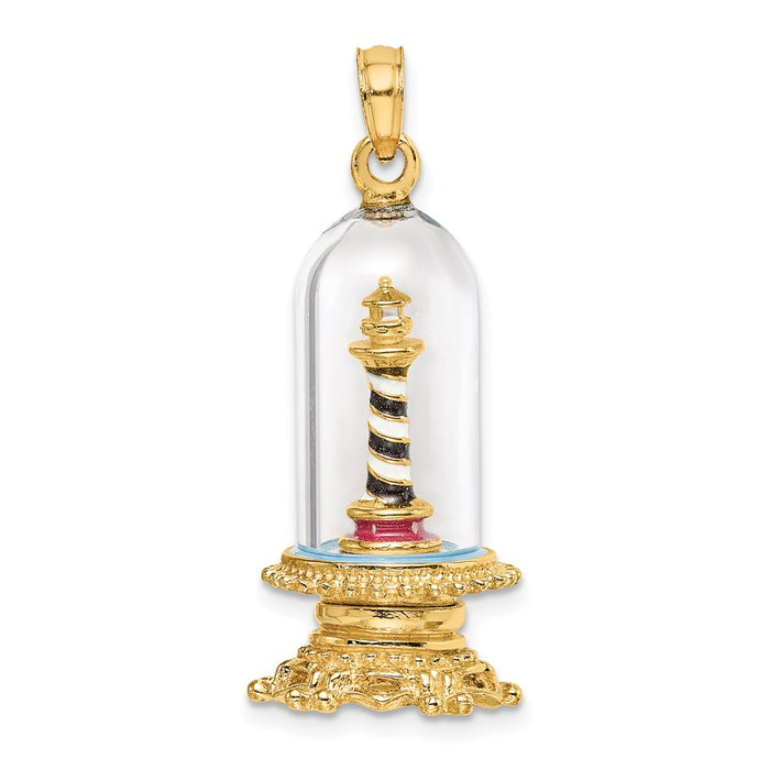 Million Charms 14K Yellow Gold Themed 3-D Enamel Lighthouse In Glass Dome Charm