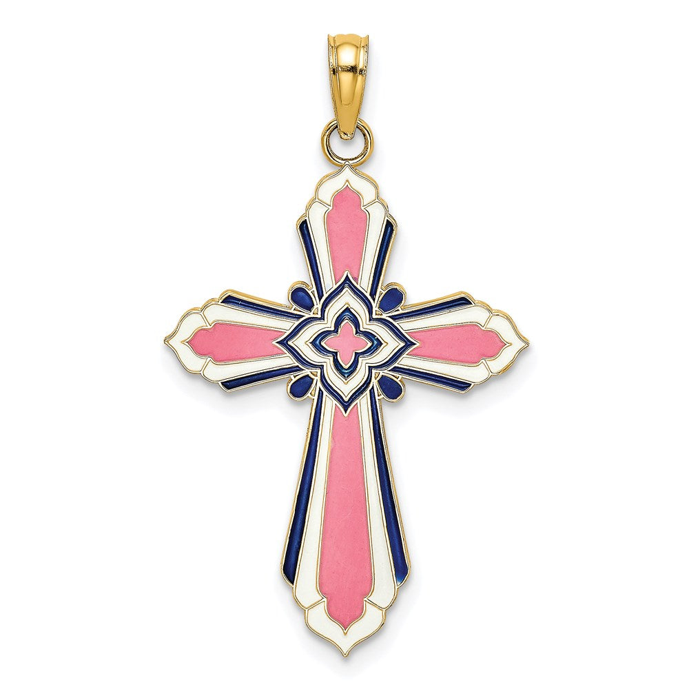 Million Charms 14K Yellow Gold Themed 3-D With Pink & White Enamel Relgious Cross Charm
