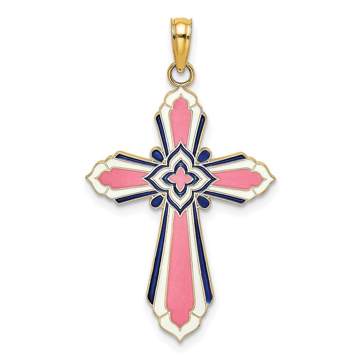 Million Charms 14K Yellow Gold Themed 3-D With Pink & White Enamel Relgious Cross Charm