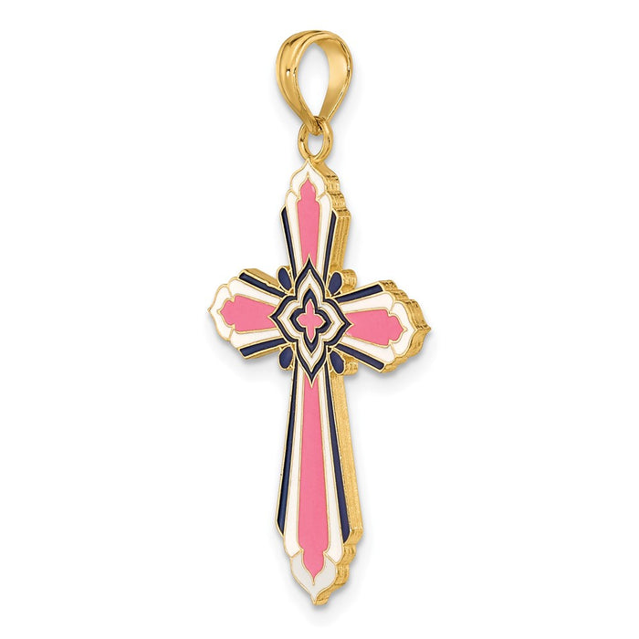Million Charms 14K Yellow Gold Themed 3-D With Pink & White Enamel Relgious Cross Charm