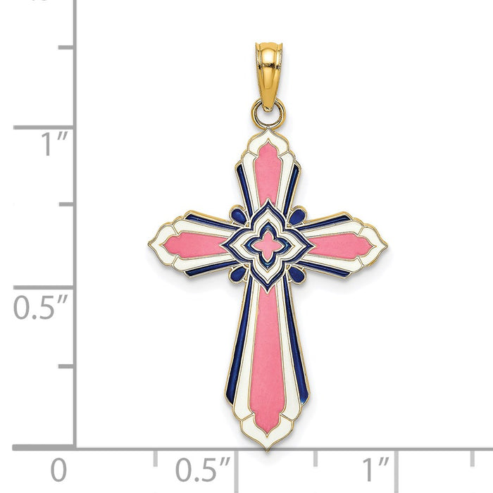 Million Charms 14K Yellow Gold Themed 3-D With Pink & White Enamel Relgious Cross Charm