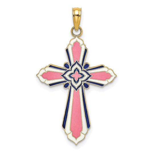 Million Charms 14K Yellow Gold Themed 3-D With Pink & White Enamel Relgious Cross Charm
