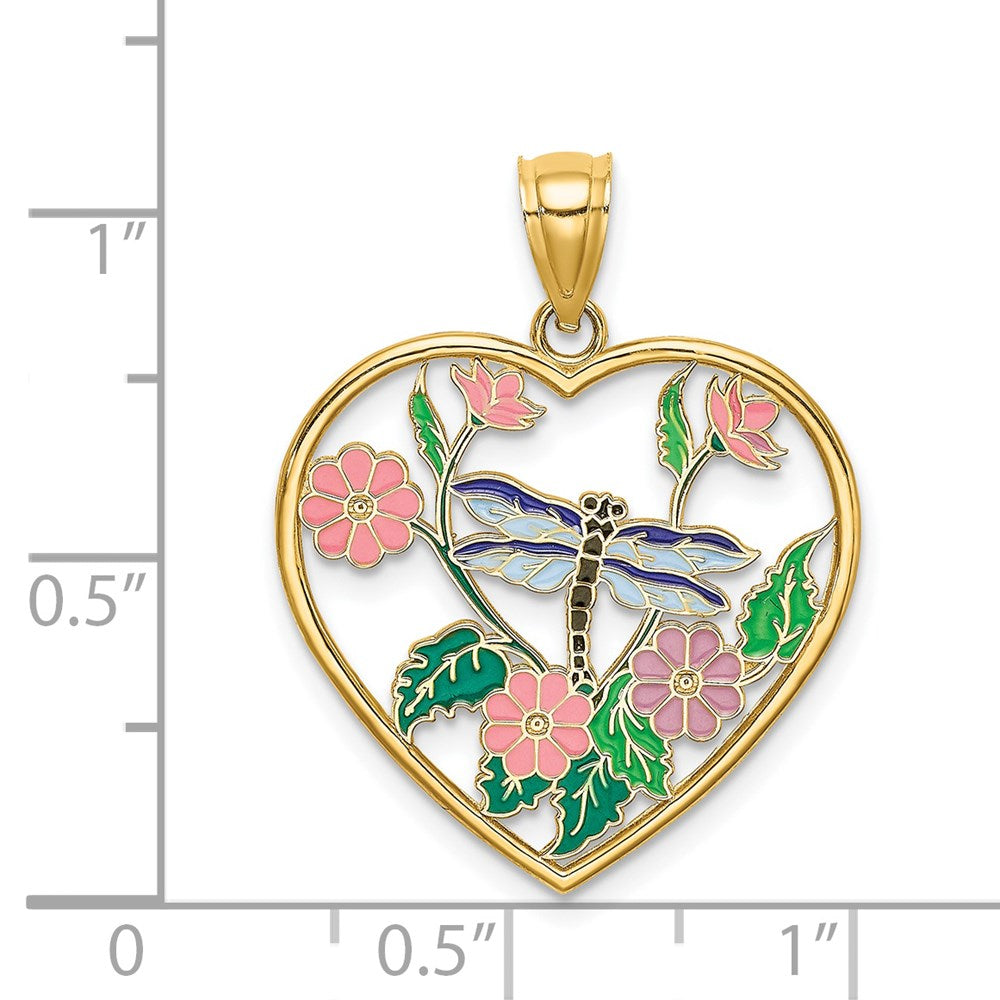 Million Charms 14K Yellow Gold Themed Enamel Dragonfly & Flower In Heart Charm