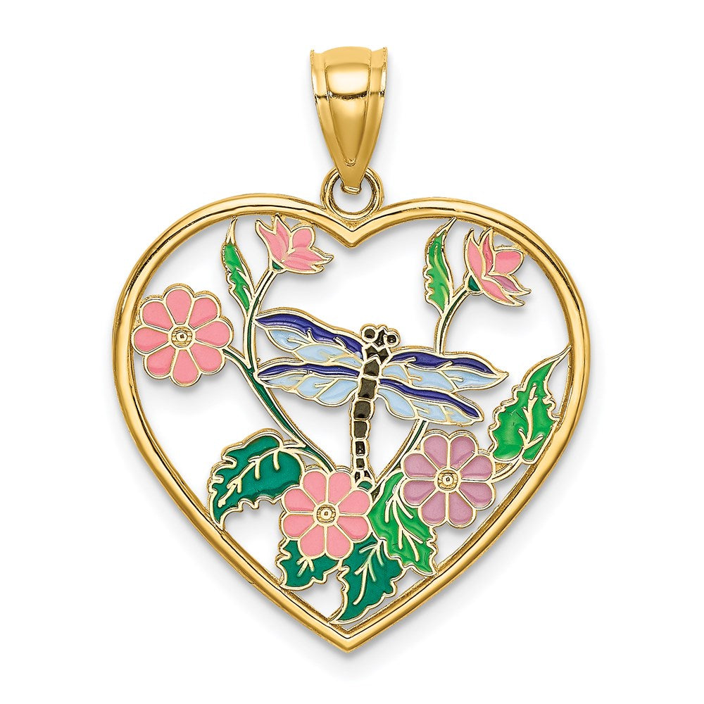 Million Charms 14K Yellow Gold Themed Enamel Dragonfly & Flower In Heart Charm