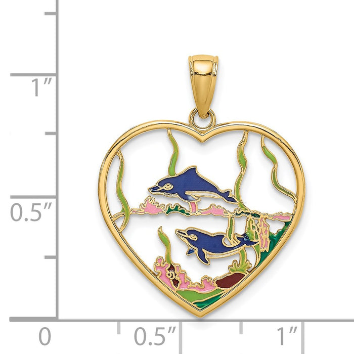 Million Charms 14K Yellow Gold Themed Enamel Dolphins In Heart Charm