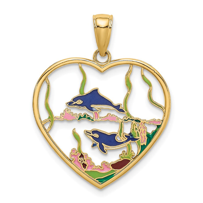 Million Charms 14K Yellow Gold Themed Enamel Dolphins In Heart Charm