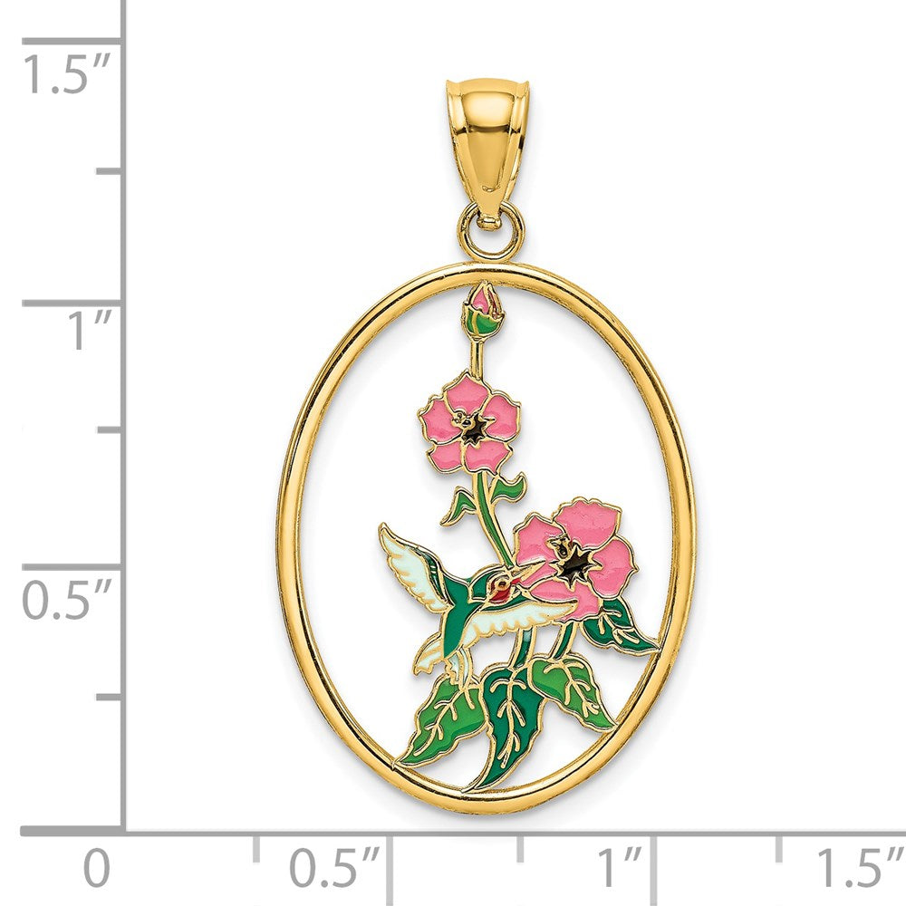 Million Charms 14K Yellow Gold Themed With Enamel Hummingbird & Flowers In Oval Frame Charm