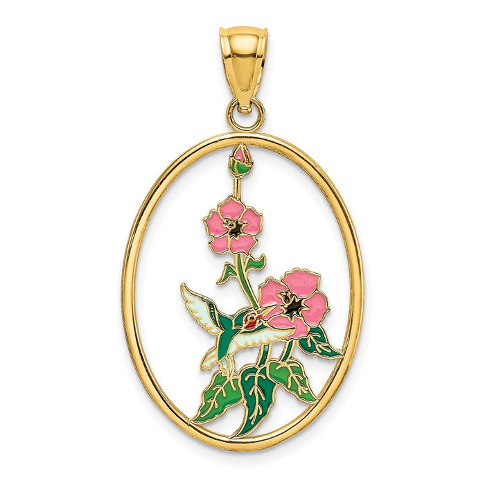 Million Charms 14K Yellow Gold Themed With Enamel Hummingbird & Flowers In Oval Frame Charm