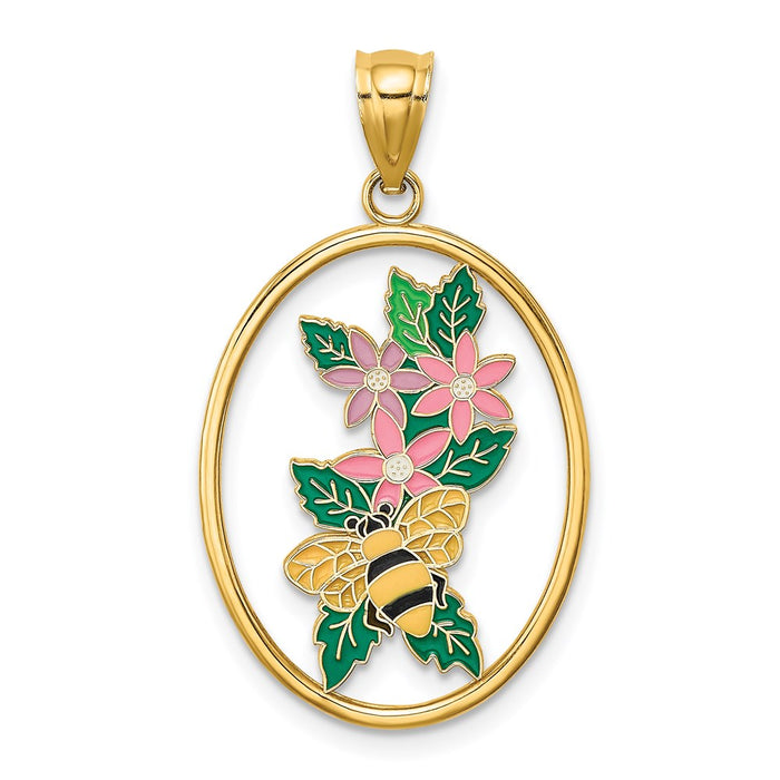 Million Charms 14K Yellow Gold Themed Enamel Bumble Bee & Flowers In Oval Charm