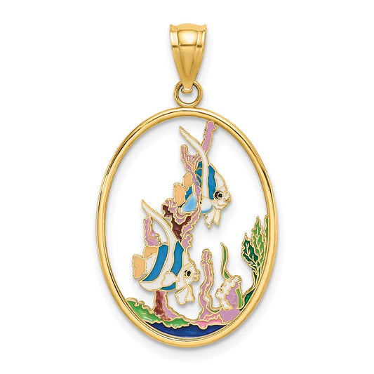 Million Charms 14K Yellow Gold Themed Enamel Angelfish In Underwater Scene Charm