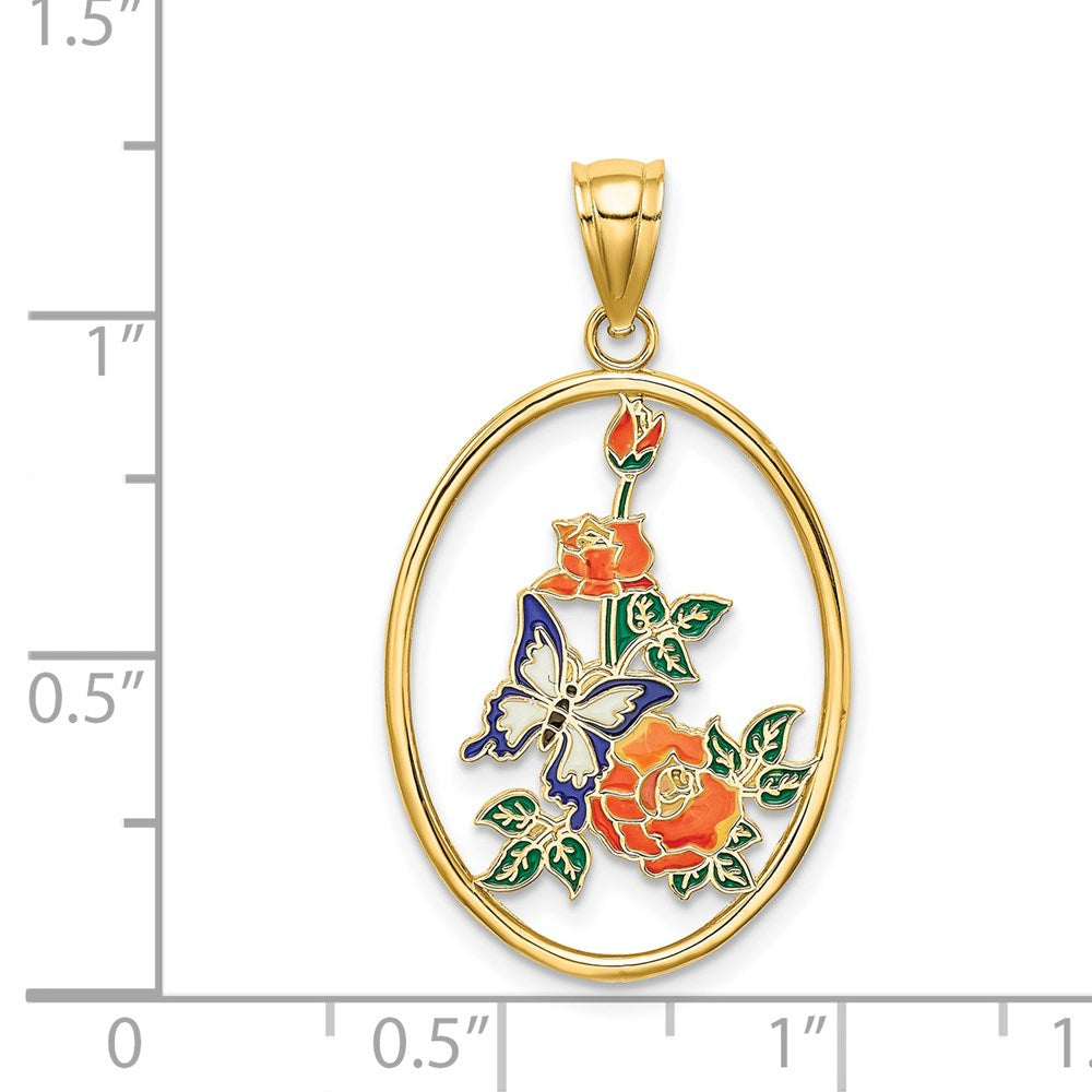 Million Charms 14K Yellow Gold Themed Enamel White Butterfly In Oval With Orange Flowers Charm
